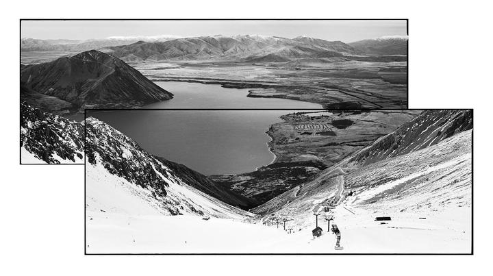 A black and white collage shows a mountain landscape with a lake and a snowy slope with ski lifts.