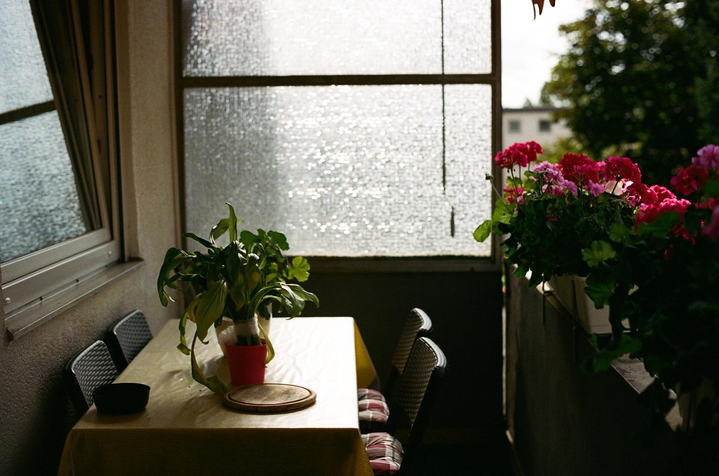 A table with a plant and chairs sits on a balcony next to a window and a planter of red flowers.