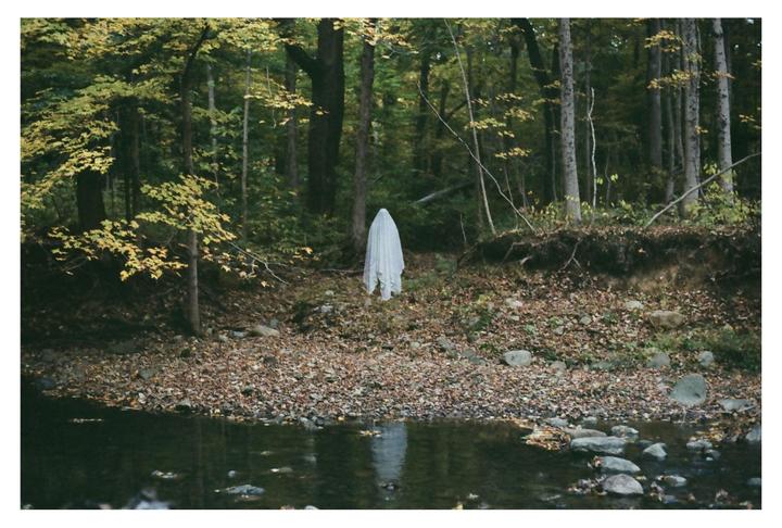 A figure draped in a white sheet stands in a forest with a creek in the foreground.