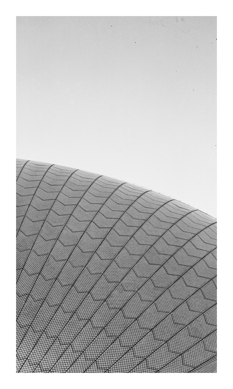 The textured roof of the Sydney Opera House curves upwards against a bright, plain sky.