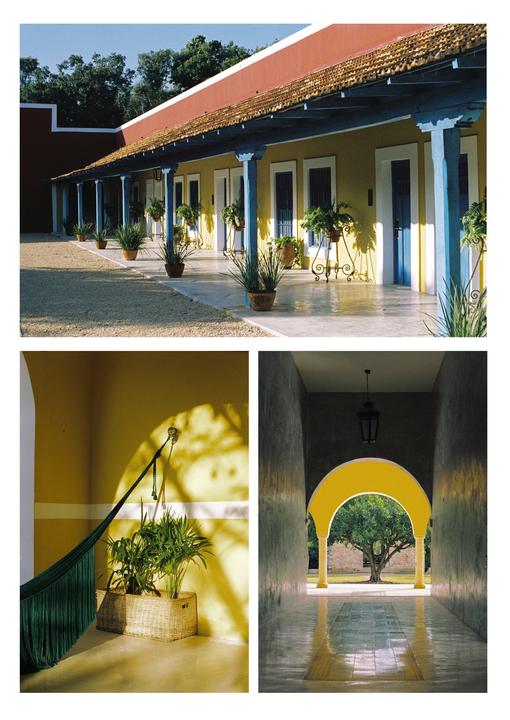 Three images show different parts of a hacienda with yellow walls and blue accents.