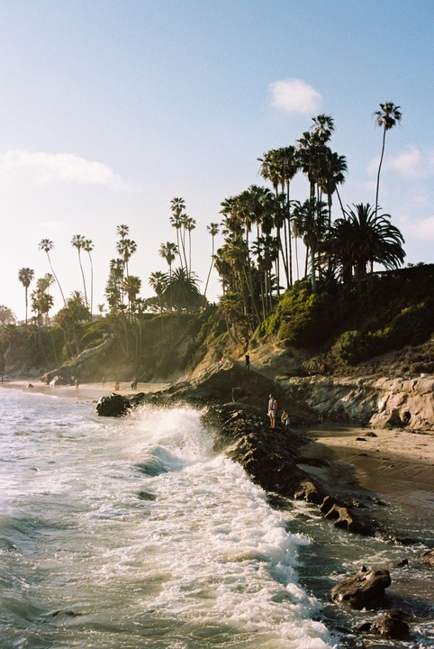 Waves crash against a rocky shore lined with palm trees and a sandy beach where people are walking.