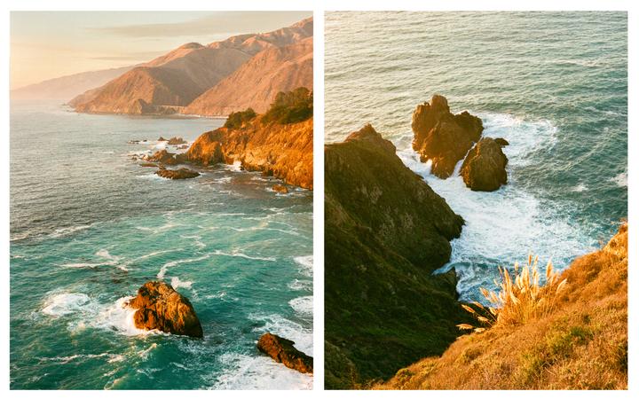 The Pacific Ocean crashes against the rocky Big Sur coastline at sunset.