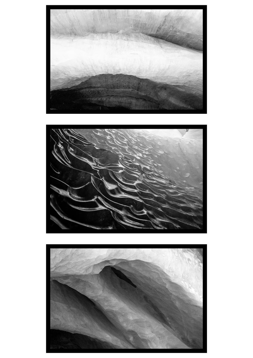 Three black and white photographs show different textures and formations inside a glacier ice cave.