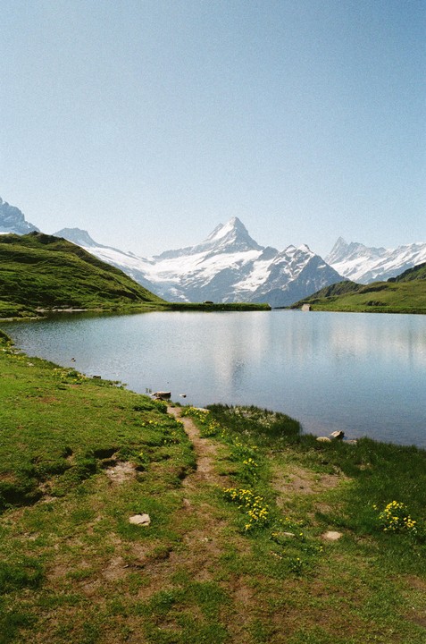 A calm lake reflects snow-capped mountains under a clear sky, with green grassy hills and a dirt path in the foreground.