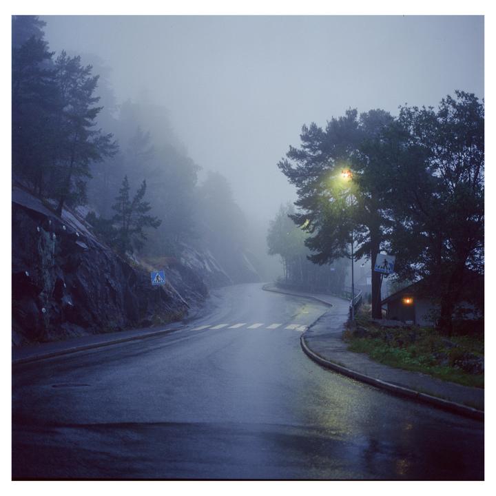 A winding road with a crosswalk sign and a small building with a lit window is shrouded in fog.