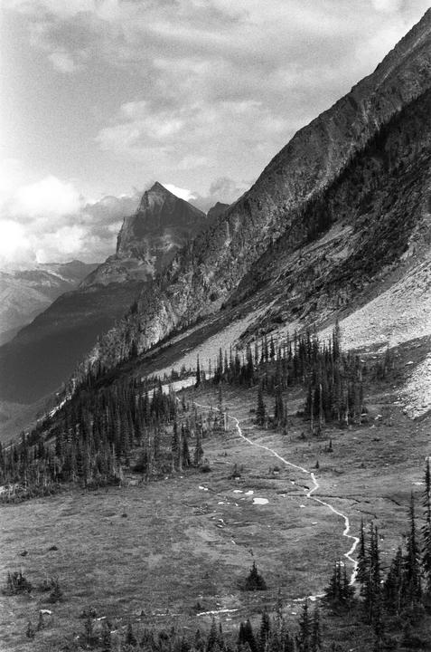 A winding trail leads through a valley with evergreen trees and mountains under a cloudy sky.