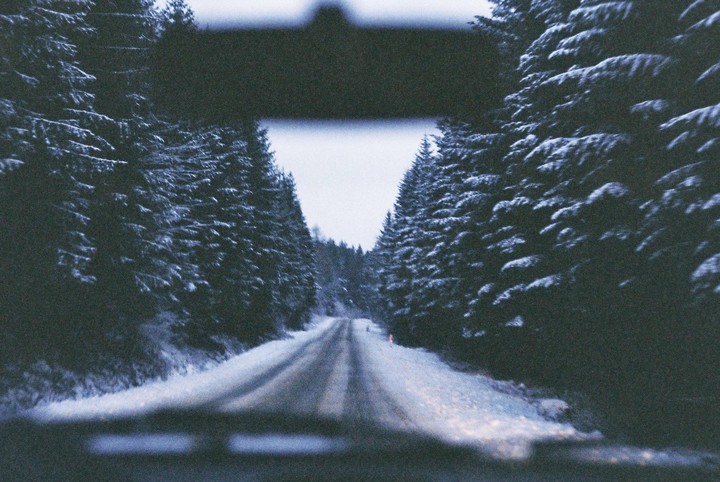 A snowy road is visible through a car windshield, flanked by snow-covered pine trees.