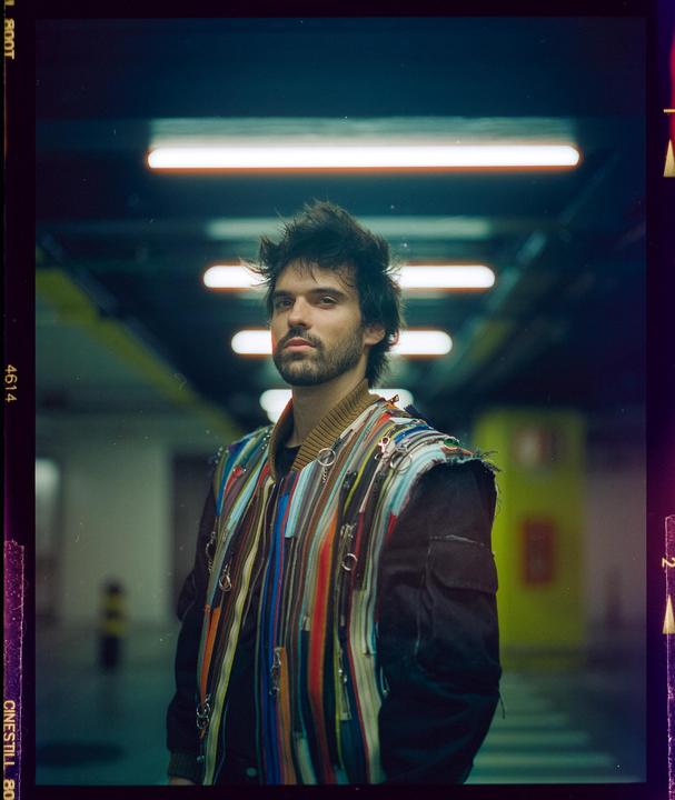 A man with a beard and messy hair wears a colorful jacket with zippers in a parking garage.