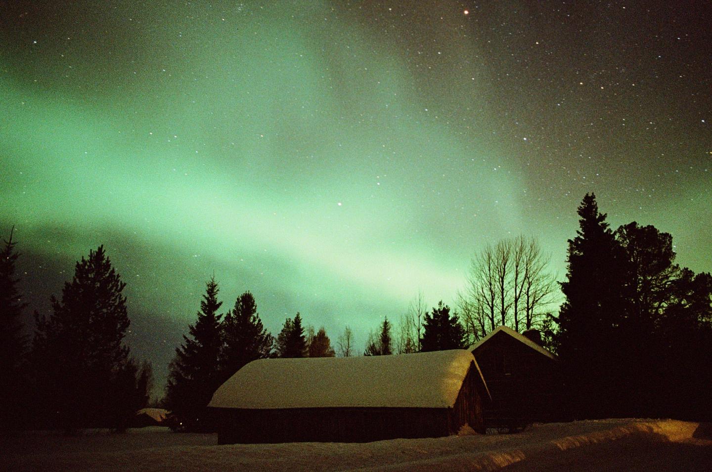 The northern lights illuminate a snowy landscape with cabins and trees.