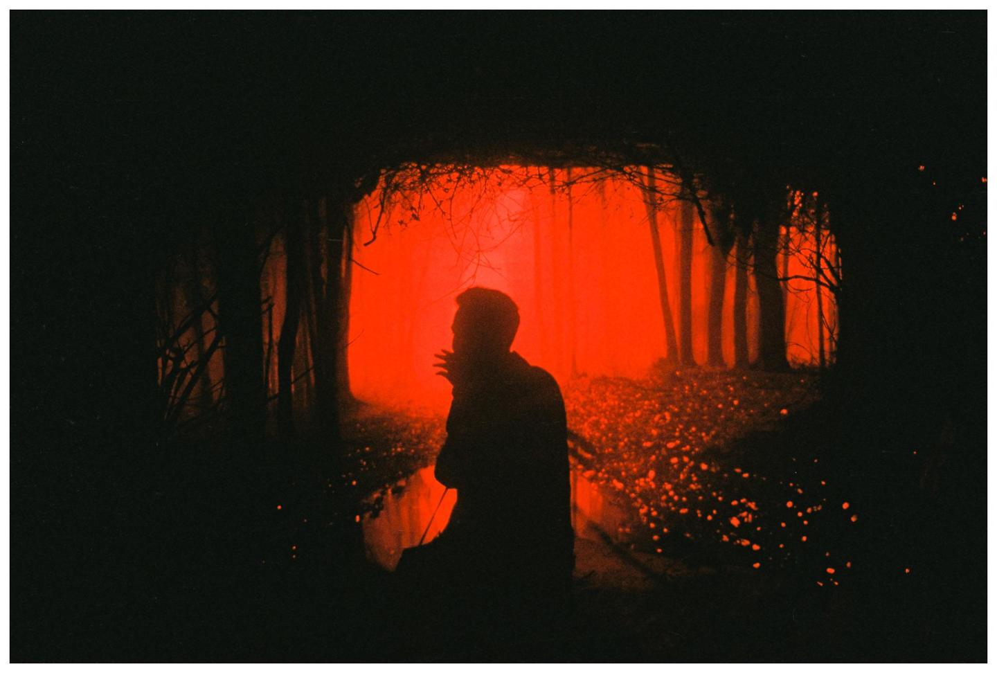 A man is silhouetted against a bright red forest at night.