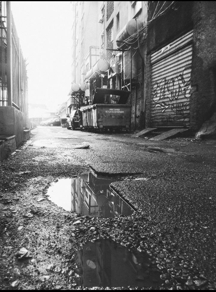 A puddle reflects a building on a narrow, wet street with a dumpster and a garage door covered in graffiti.