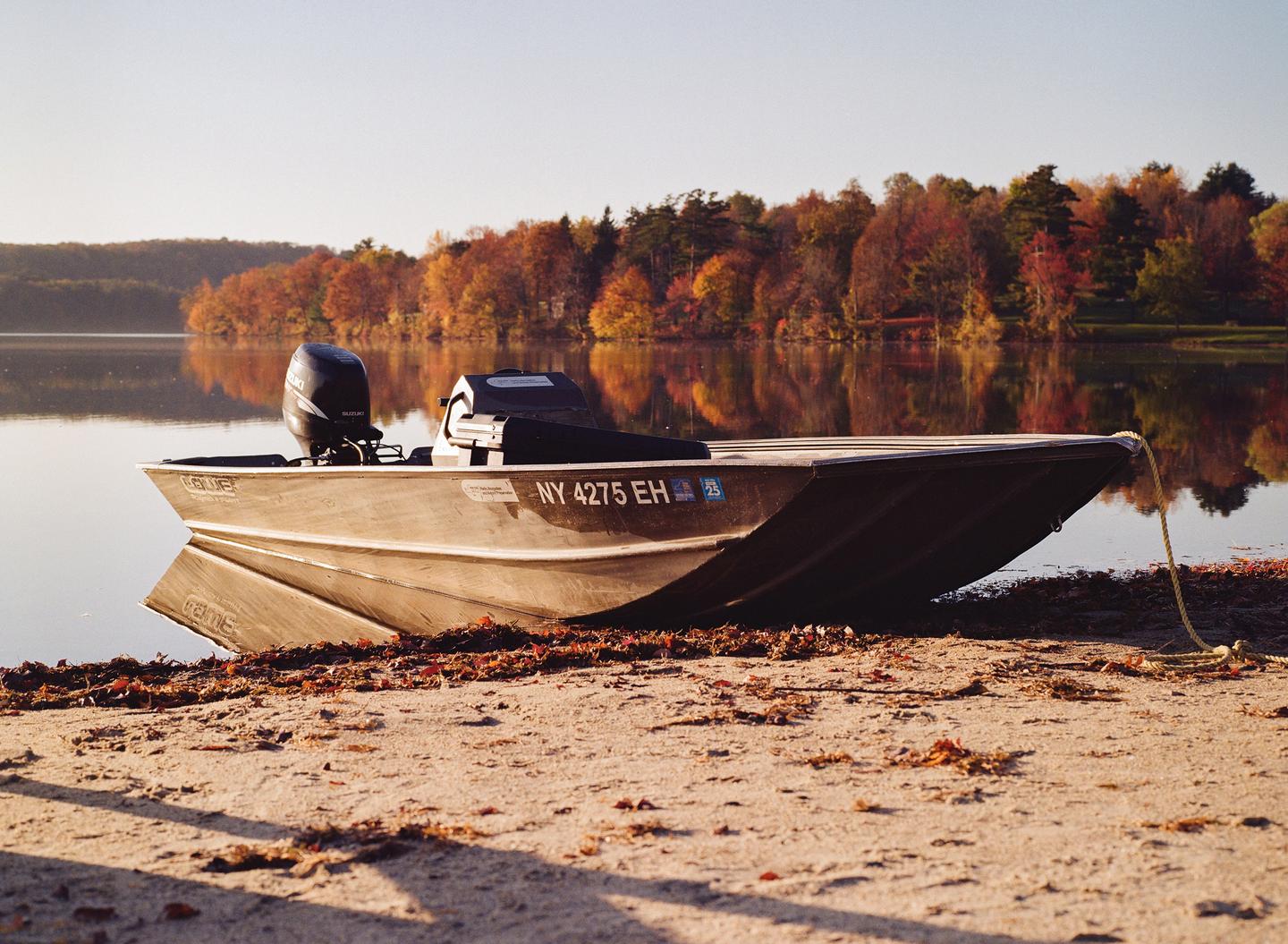 A boat is pulled onto a sandy shore next to a lake with autumn trees reflecting in the water.