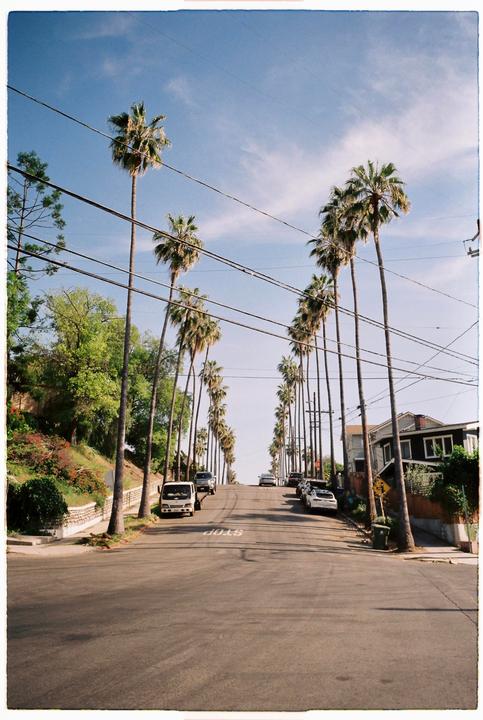 A street lined with palm trees and parked cars ascends a hill under a clear sky.
