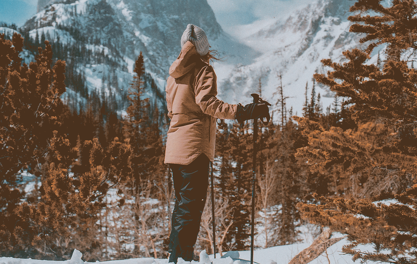 A person stands in a snowy mountain landscape, holding ski poles and looking out at the view.