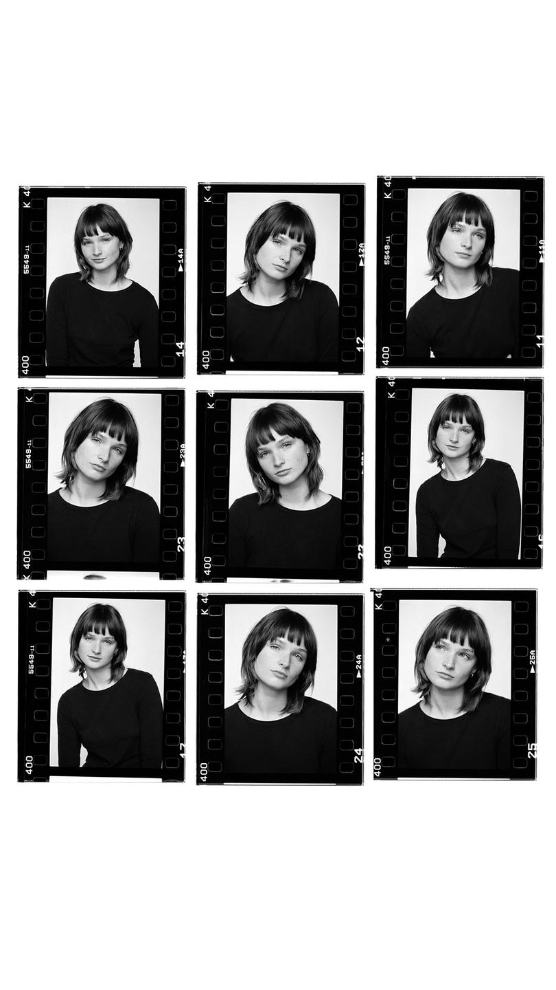 A contact sheet shows nine black and white portraits of a woman with a bob haircut and bangs.
