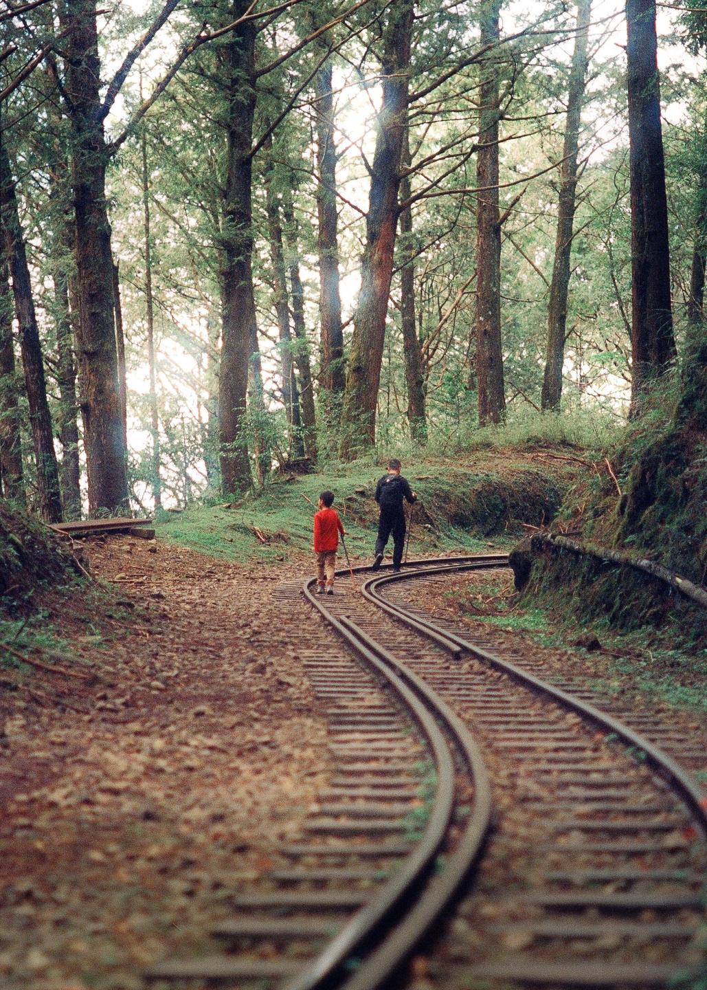 A man and a child walk along a curved railway track through a forest.