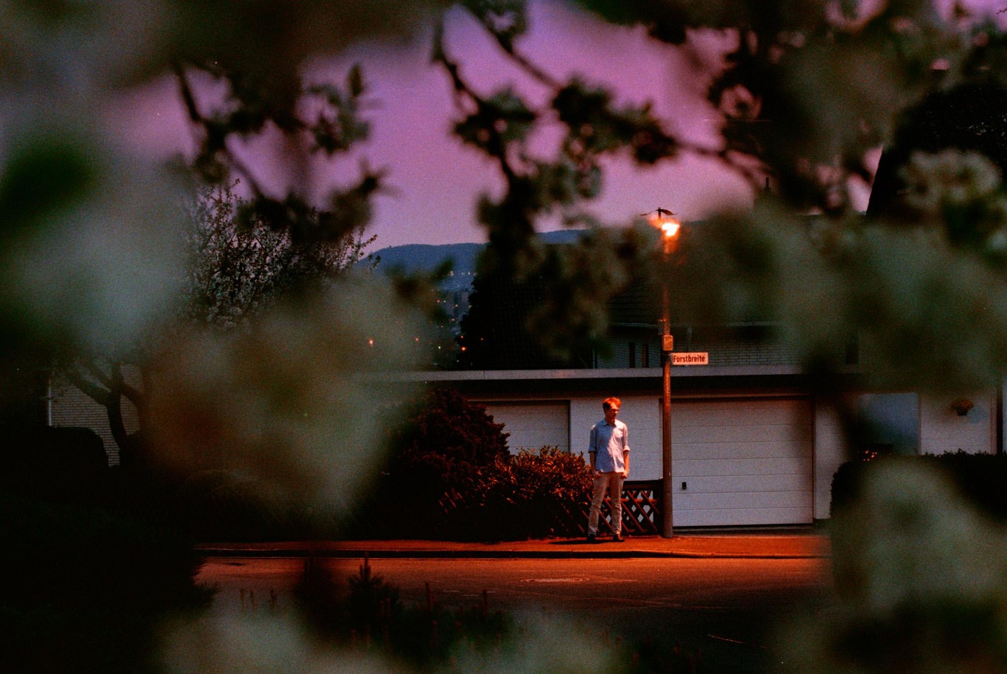 A man stands on a street corner at dusk, illuminated by a street light, with a purple sky and mountains in the background.
