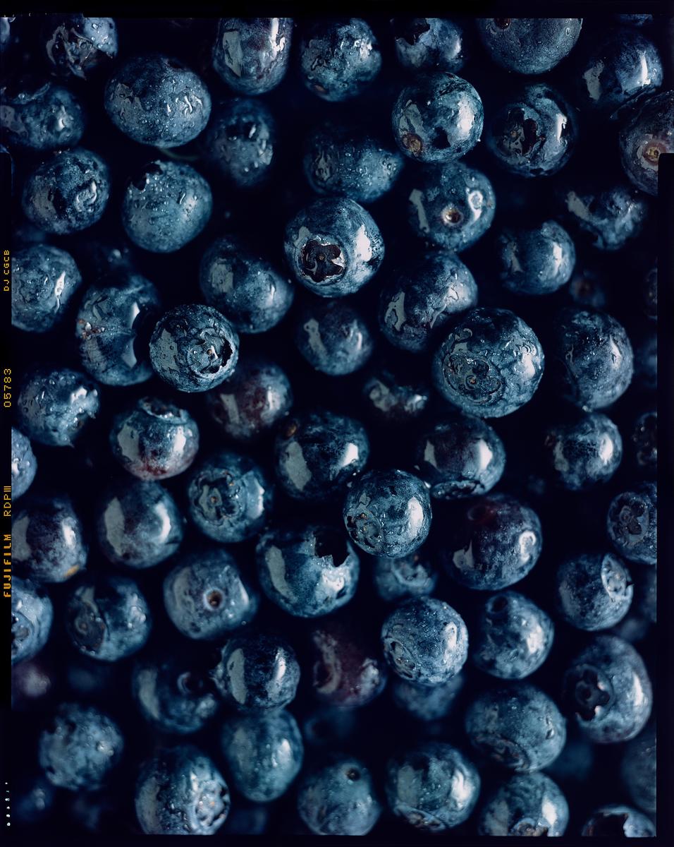 A close-up overhead shot shows many blueberries with water droplets on their surfaces.