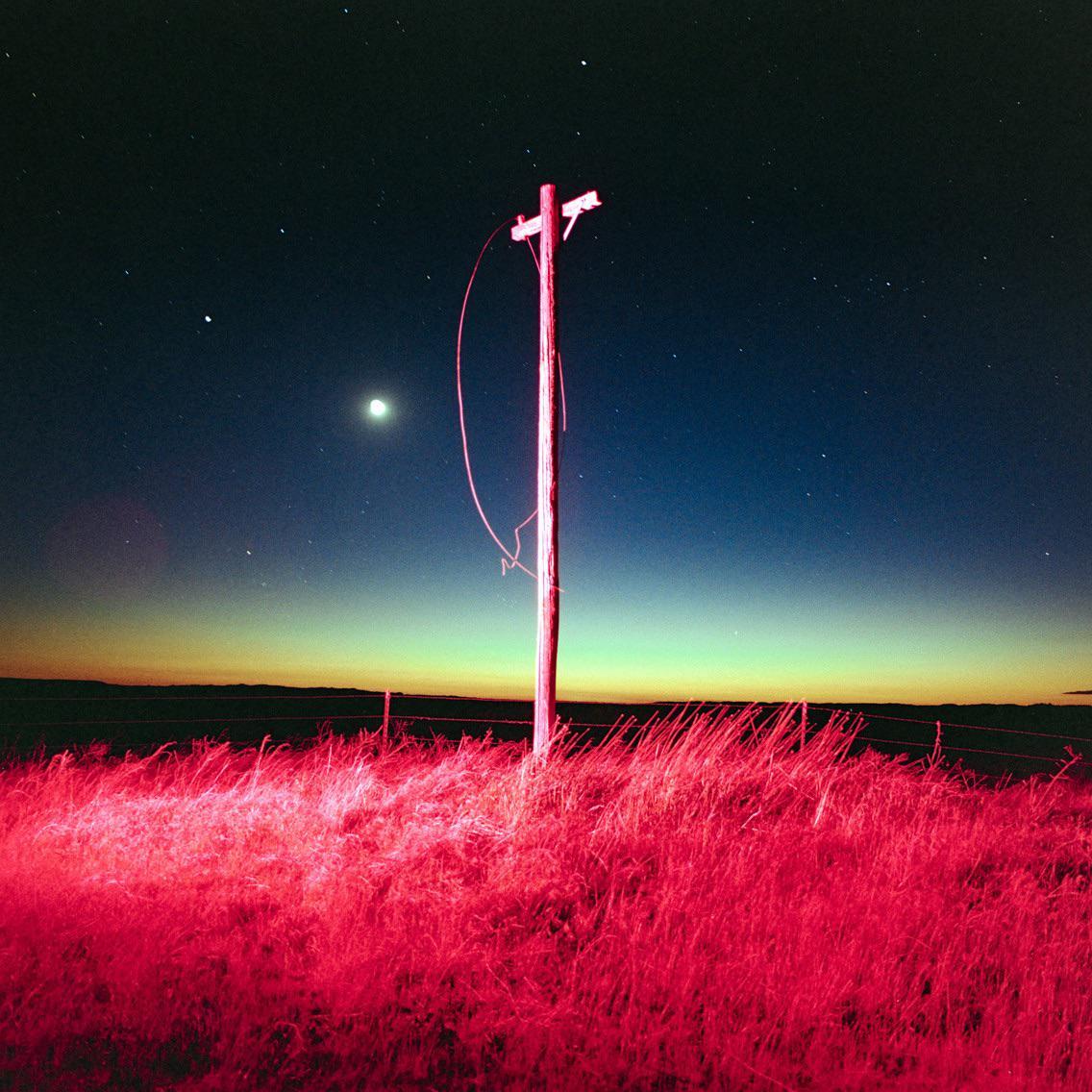 A wooden utility pole stands in a field of bright red grass under a starry night sky with a crescent moon.