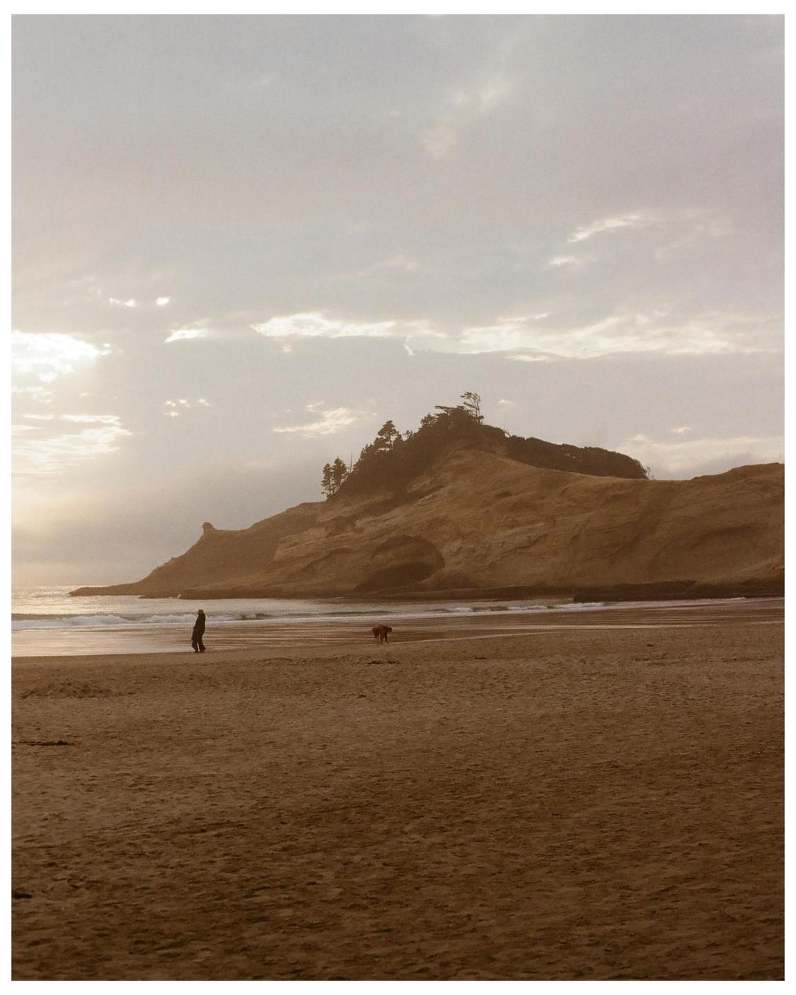 A person and a dog walk on a sandy beach with a large cliff in the background under a cloudy sky.