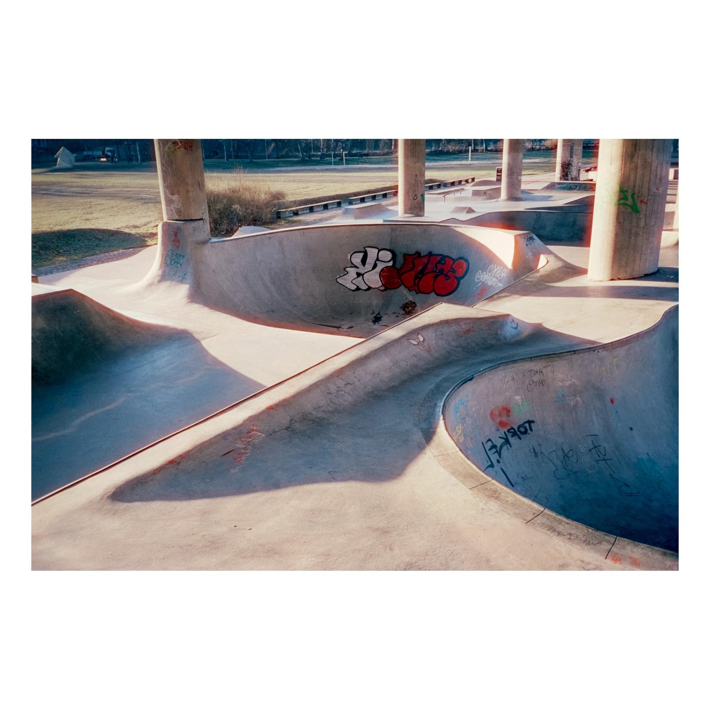 A skatepark with concrete bowls and pillars is illuminated by sunlight, casting long shadows.