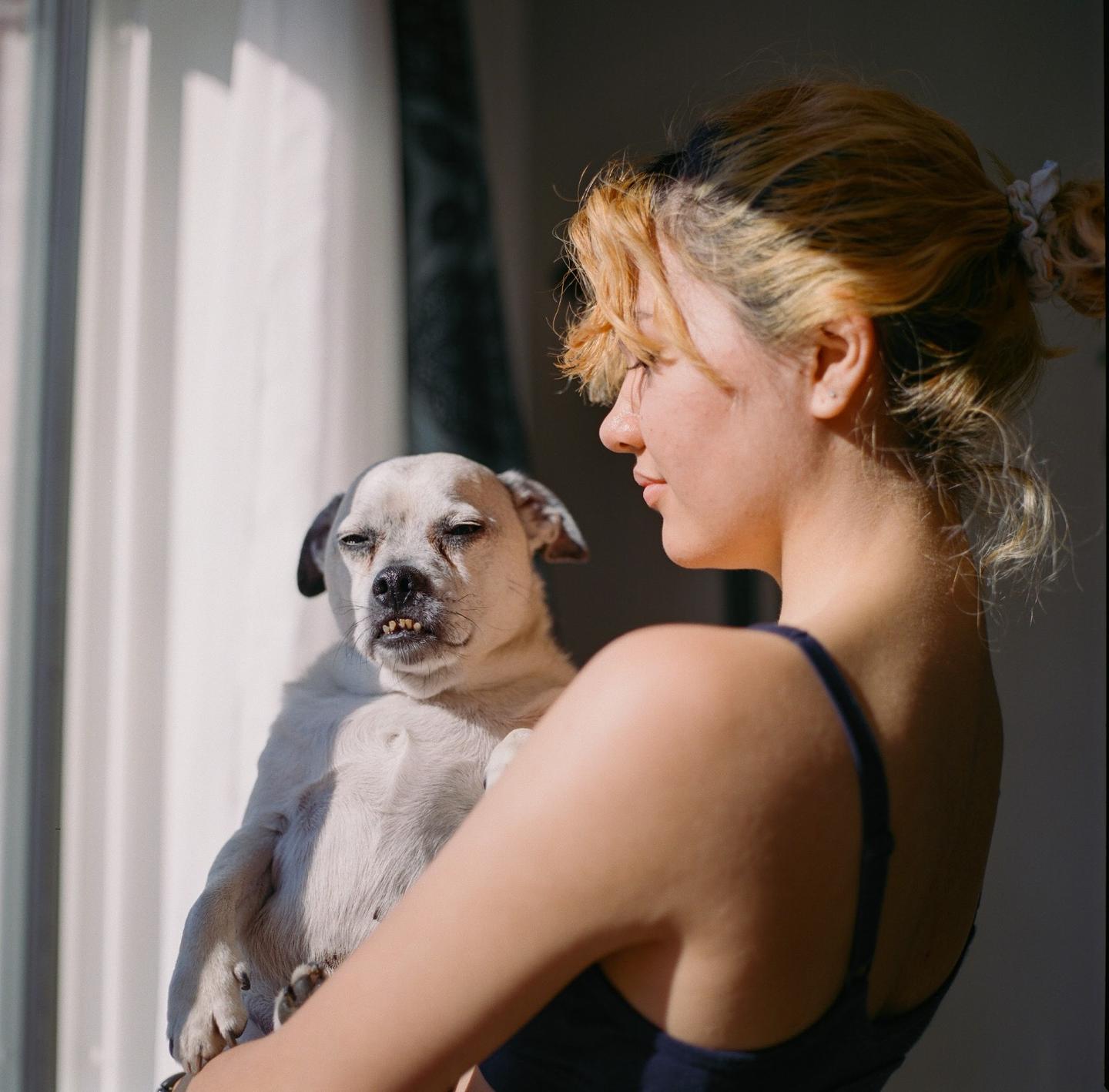A woman holds a small dog with its eyes closed and teeth showing.