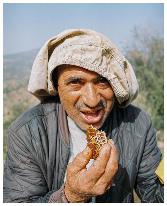 A man wearing a light-colored cap holds a piece of honeycomb to his mouth.
