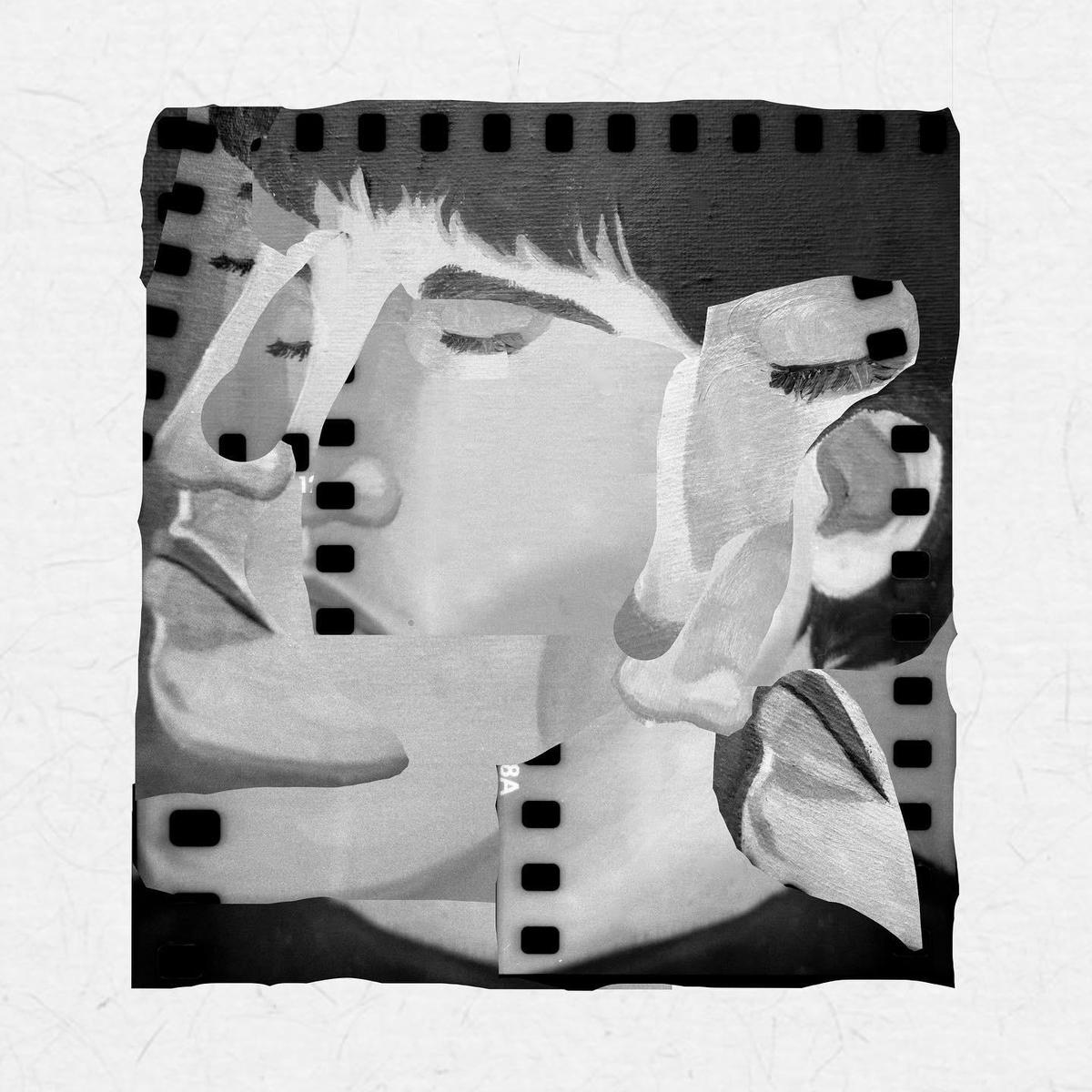 A collage of film negatives shows a man's face with closed eyes and film sprocket holes visible around the edges.