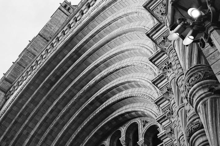 A low-angle black and white shot of the Natural History Museum in London shows its intricate architecture and a light fixture.