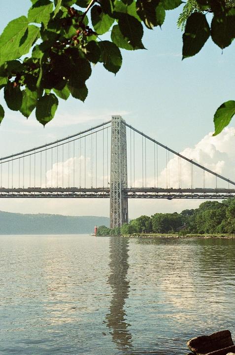 A suspension bridge spans a body of water with a small lighthouse and trees on the far bank, framed by green leaves in the foreground.
