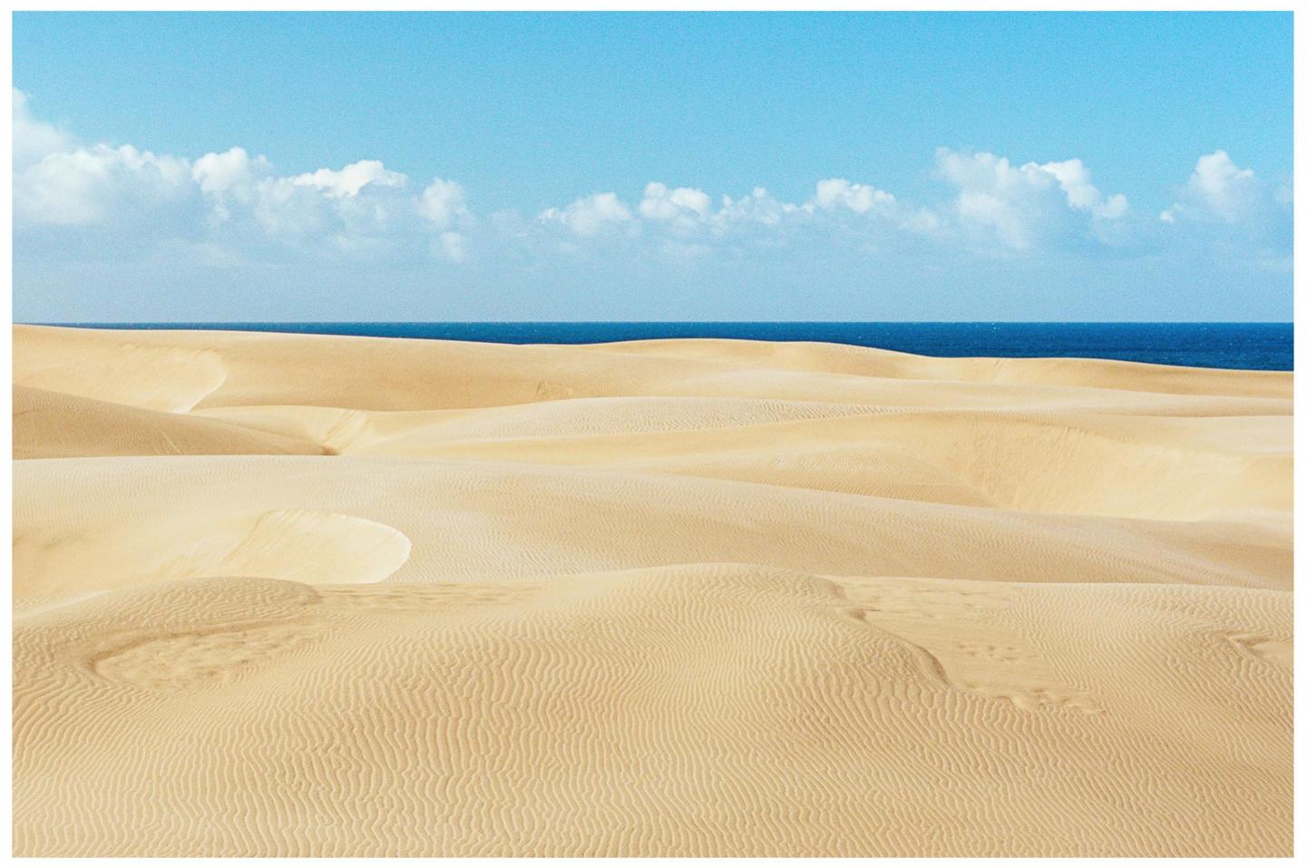 A vast desert landscape features rolling sand dunes under a bright blue sky with a strip of ocean visible on the horizon.
