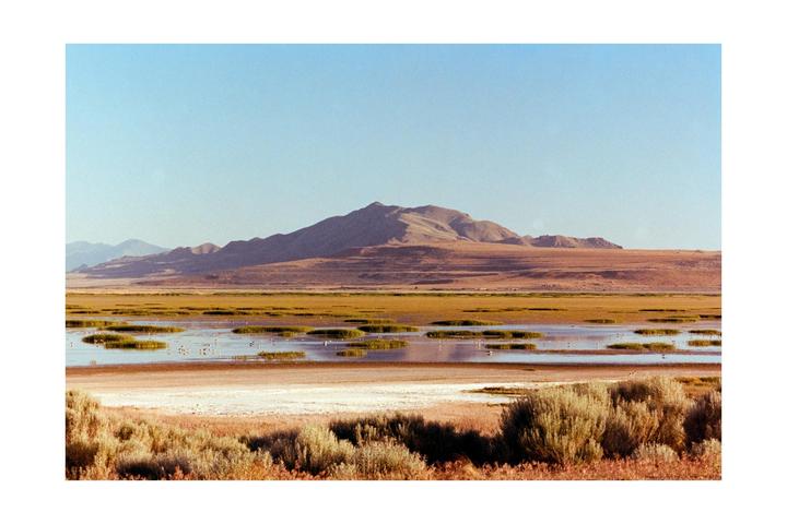 A vast landscape shows a body of water with patches of green vegetation, surrounded by dry land and distant mountains under a clear sky.