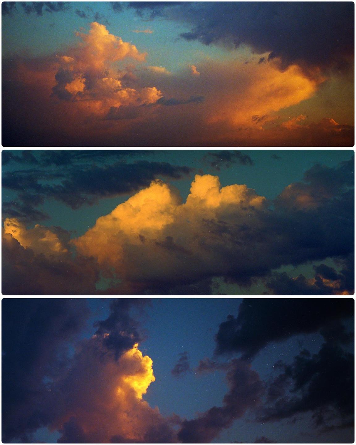 Three horizontal panels show clouds illuminated by the setting sun against a darkening sky.