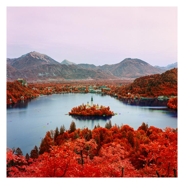 A small island with a church is surrounded by a lake and vibrant red autumn foliage, with mountains in the distance.