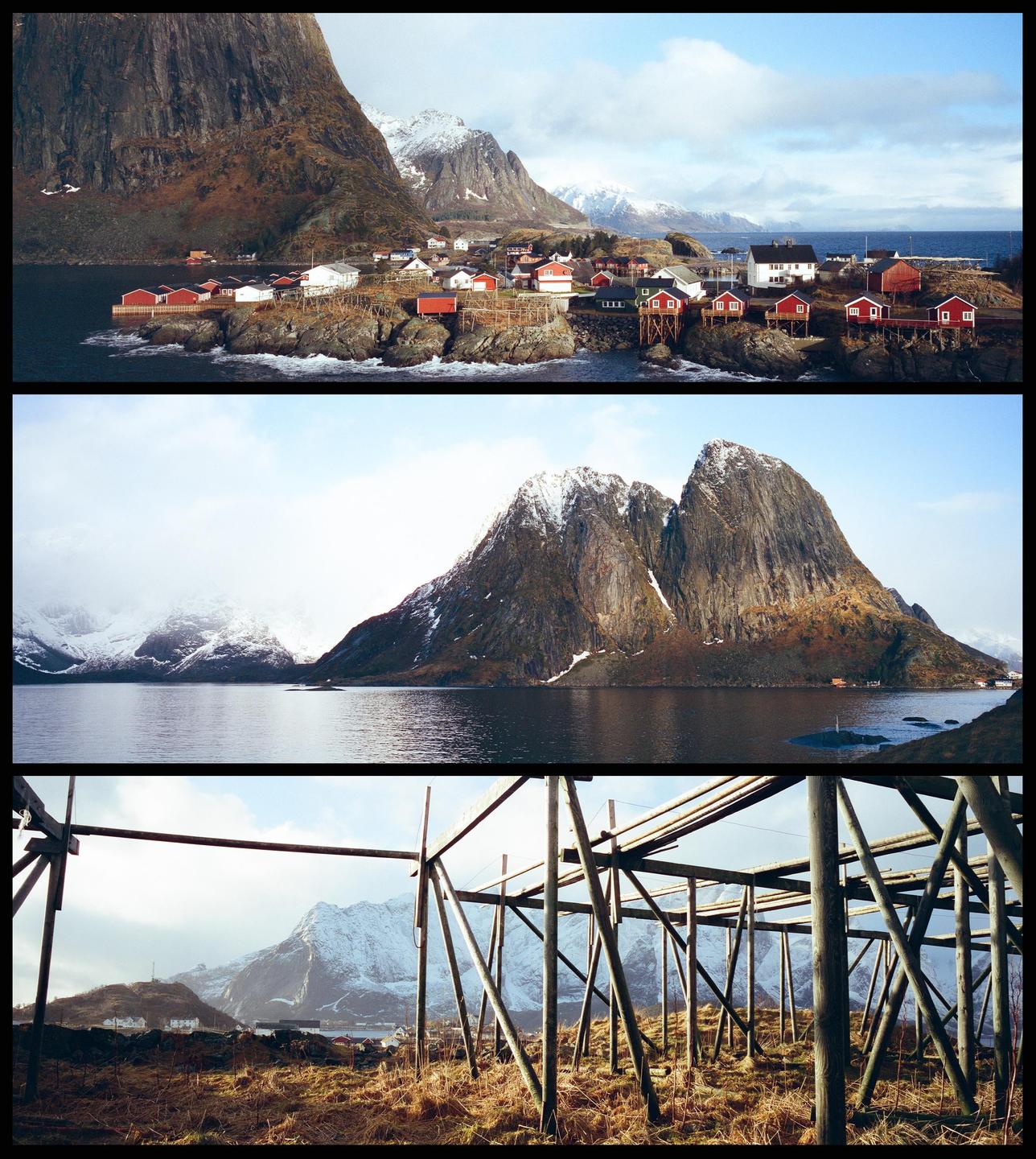 Three panoramic images show a coastal village with red houses, a large mountain over water, and a wooden structure in a field with mountains in the background.