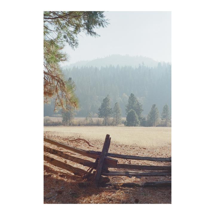 A wooden fence stands in a field with a forest and hazy mountains in the background.