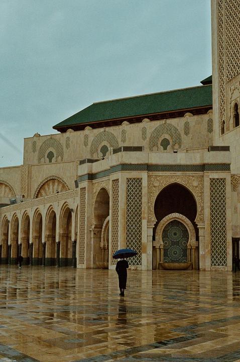A person holding an umbrella walks across a wet, tiled courtyard towards a large, ornate building with a green roof.