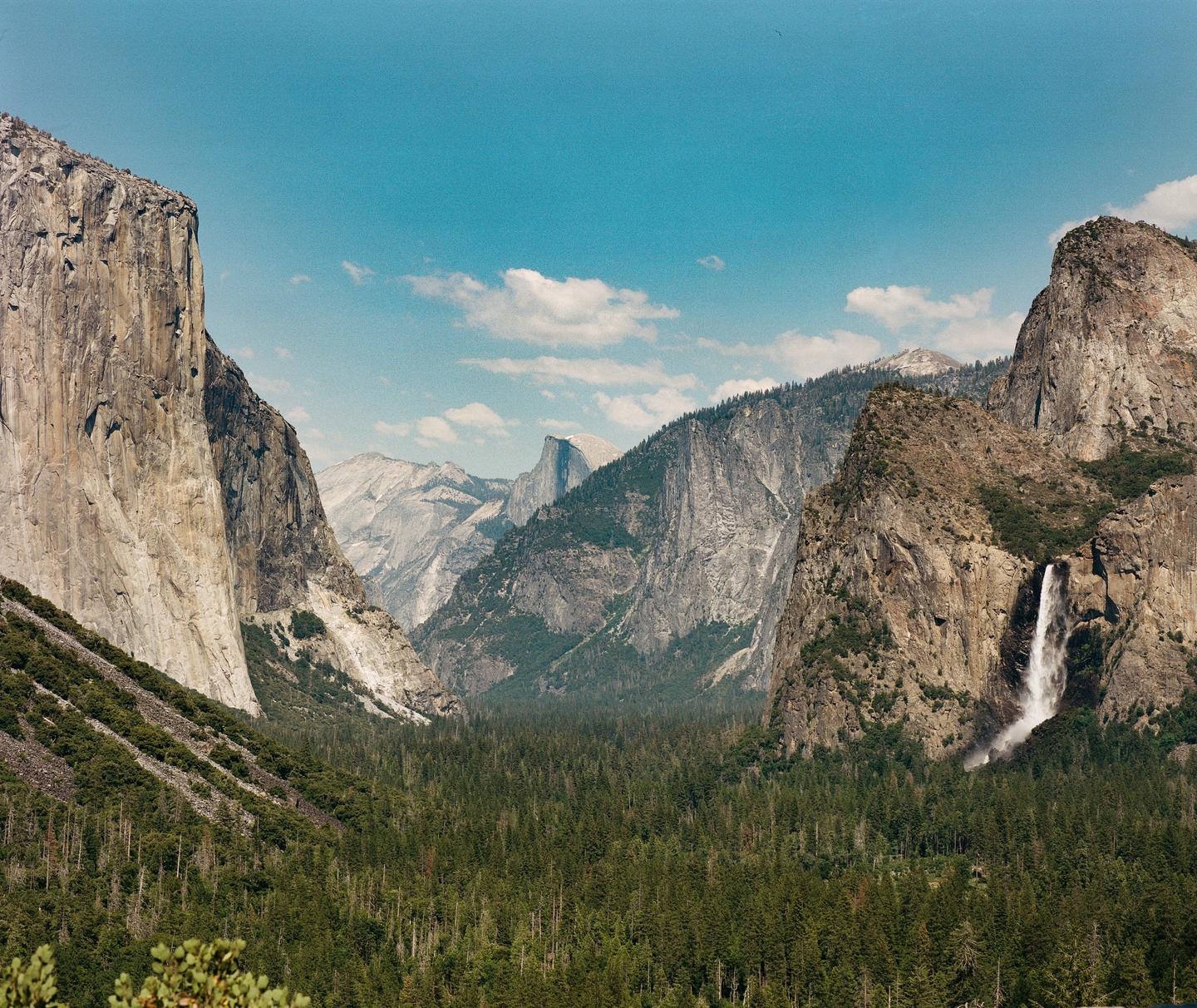A wide valley with a dense forest is surrounded by tall mountains and a waterfall.