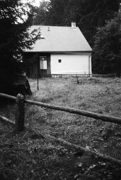 A small house with a flag hanging on its side is visible behind a wooden fence and tall grass.