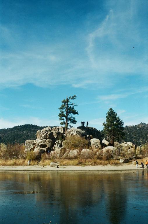 A group of people stand on a rocky outcrop with pine trees next to a body of water under a blue sky.