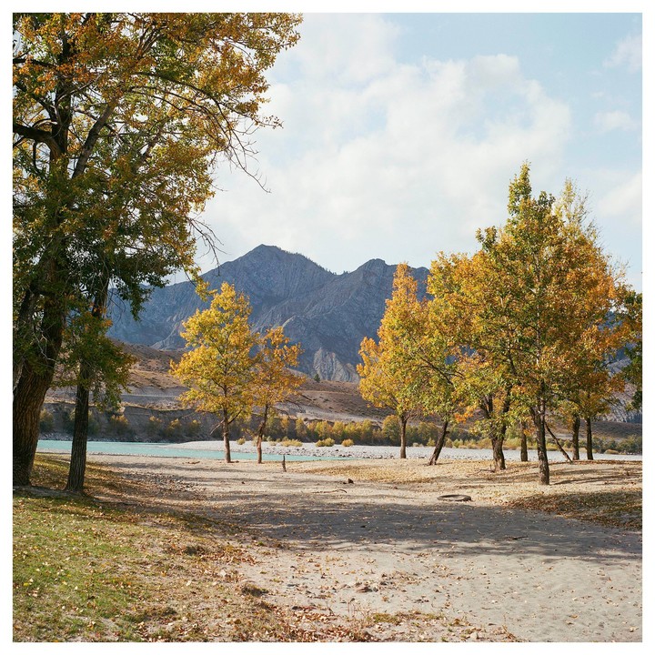 A sandy riverbank with trees displaying autumn foliage is visible in front of a mountain range under a cloudy sky.