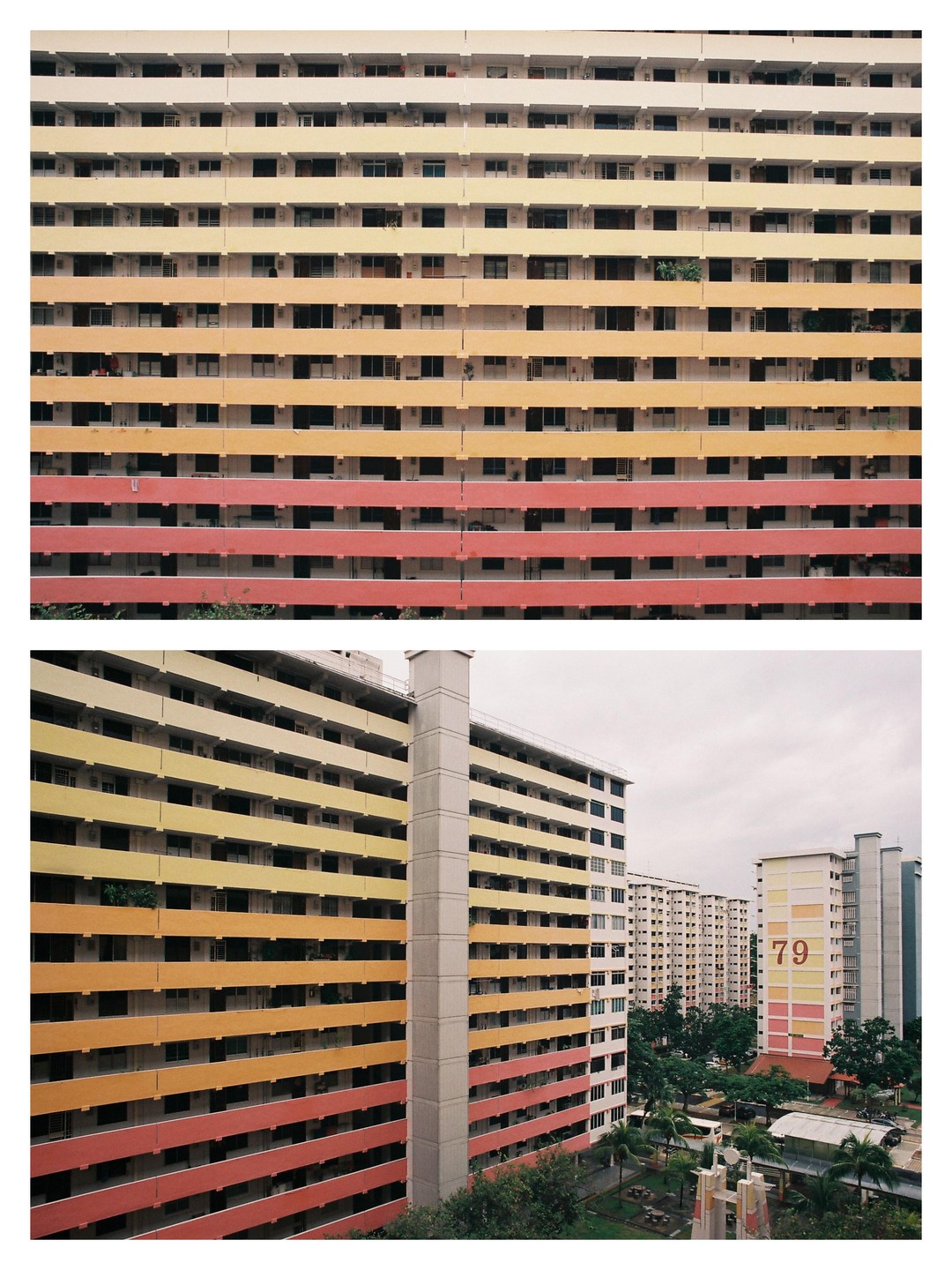 Two images show colorful apartment buildings in Singapore, with one image focusing on a single building facade and the other showing multiple buildings and a street.