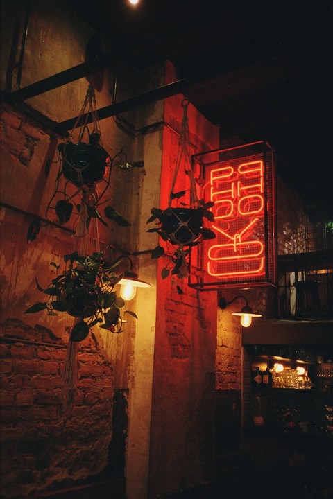 A red neon sign hangs on a brick wall next to hanging plants and light fixtures.