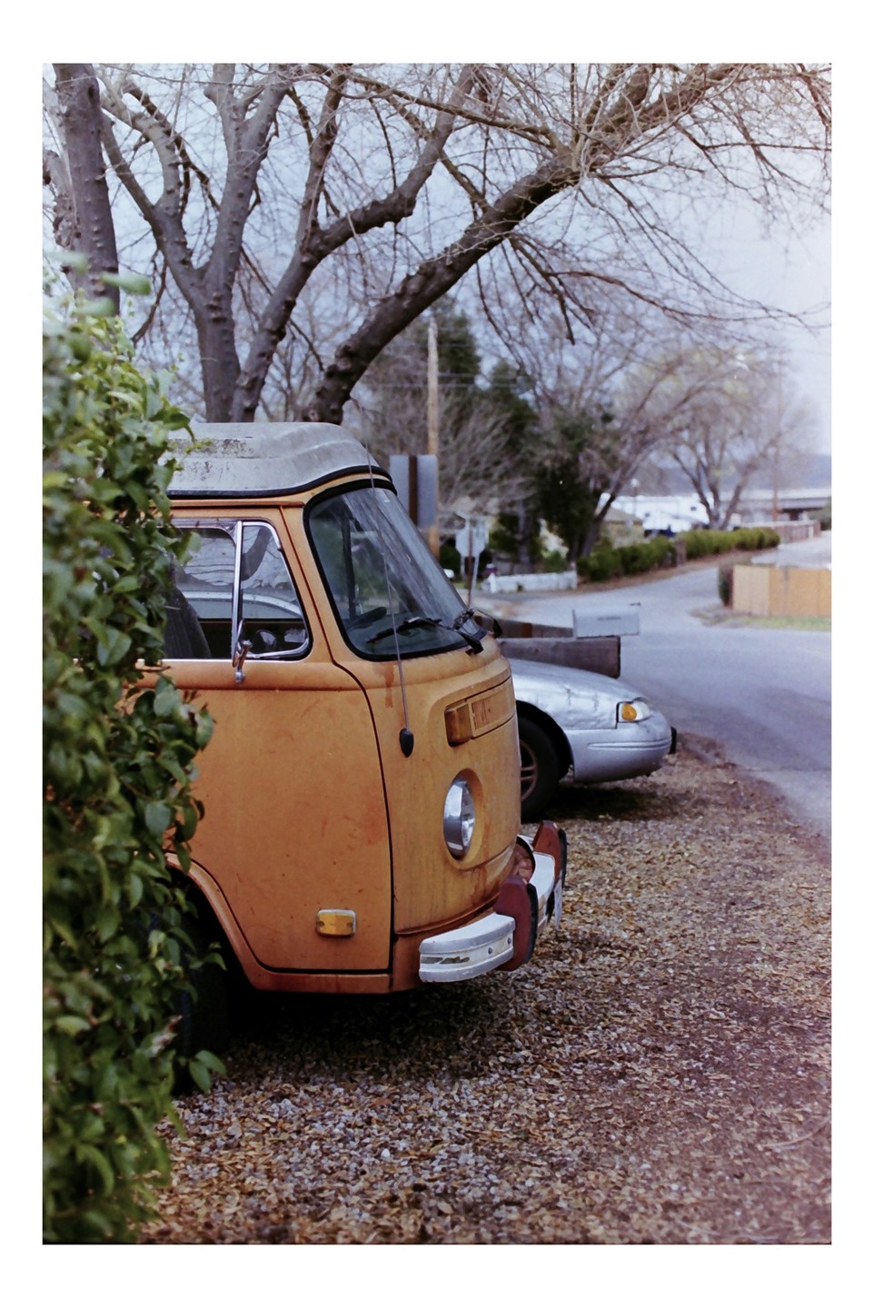 An orange van is parked on a gravel driveway next to a green bush, with a street and bare trees in the background.