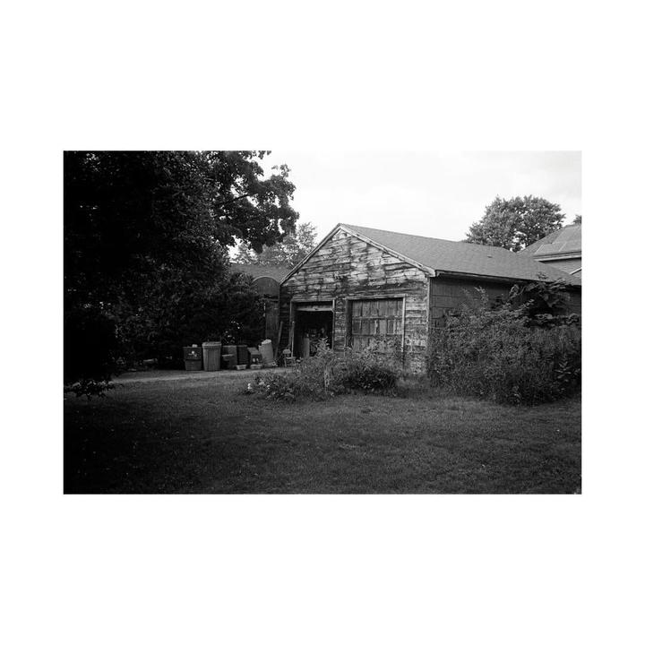 An old wooden garage with an open door and a closed door is surrounded by overgrown bushes and grass.