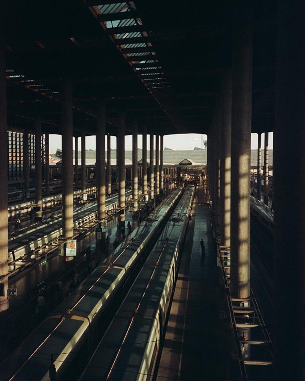 Sunlight streams through the roof of a train station, illuminating two trains and several people on the platforms.