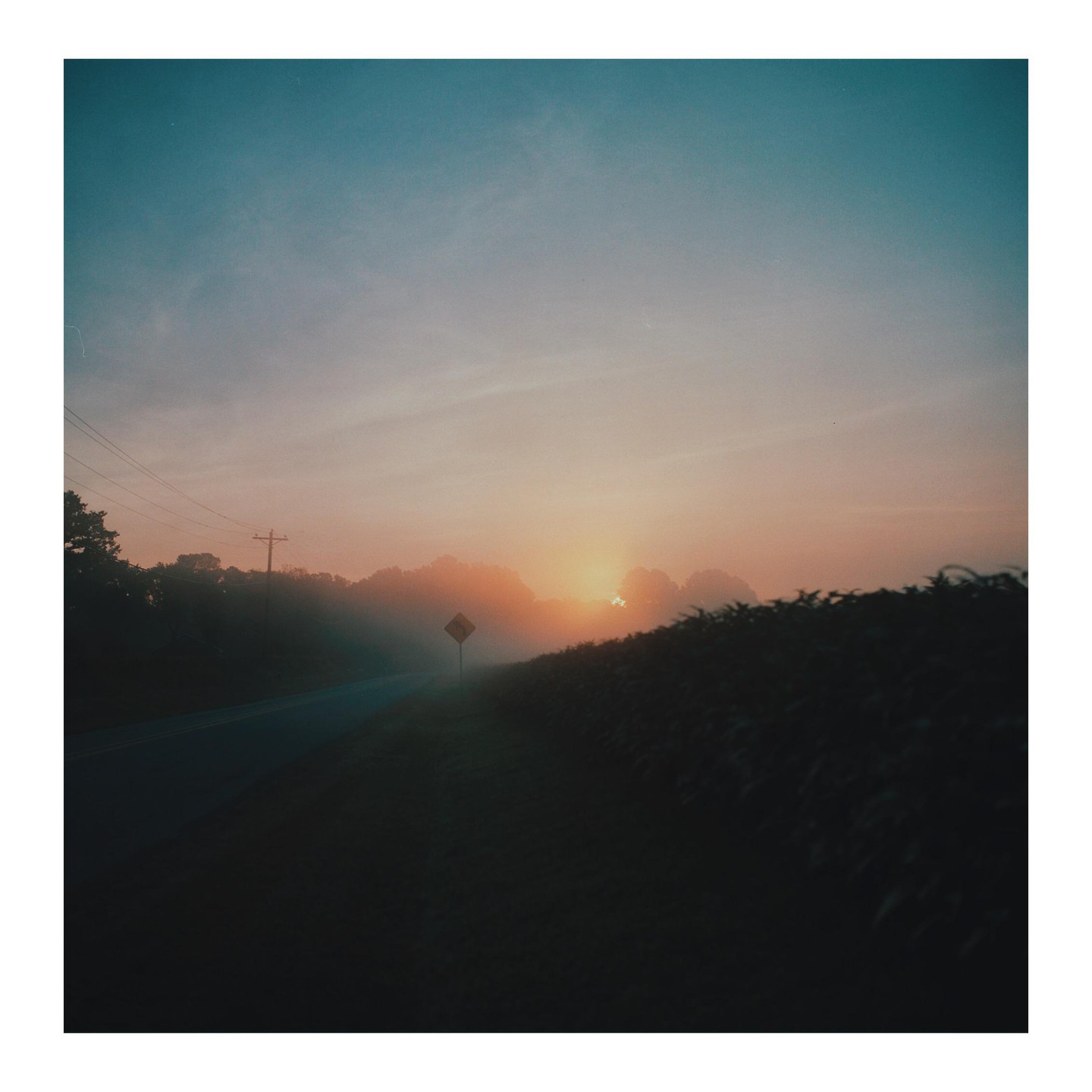 A road sign is visible through the fog on a road at sunset.