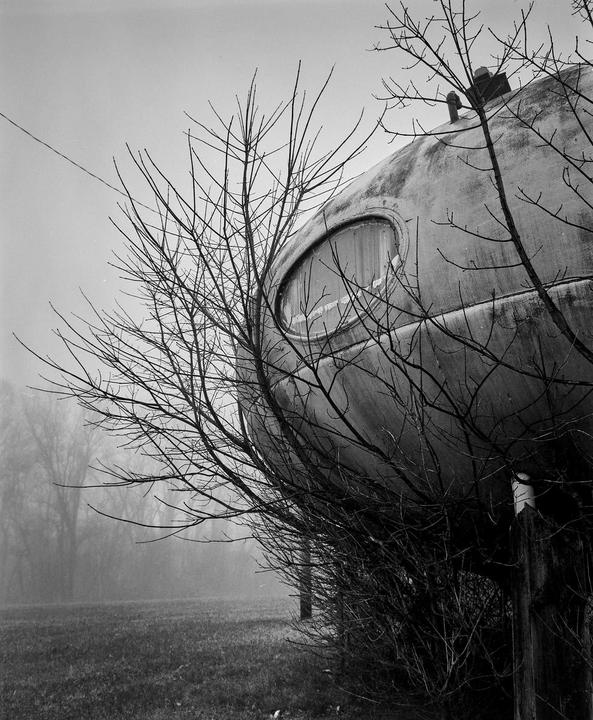 A Futuro House is partially obscured by bare tree branches and fog.