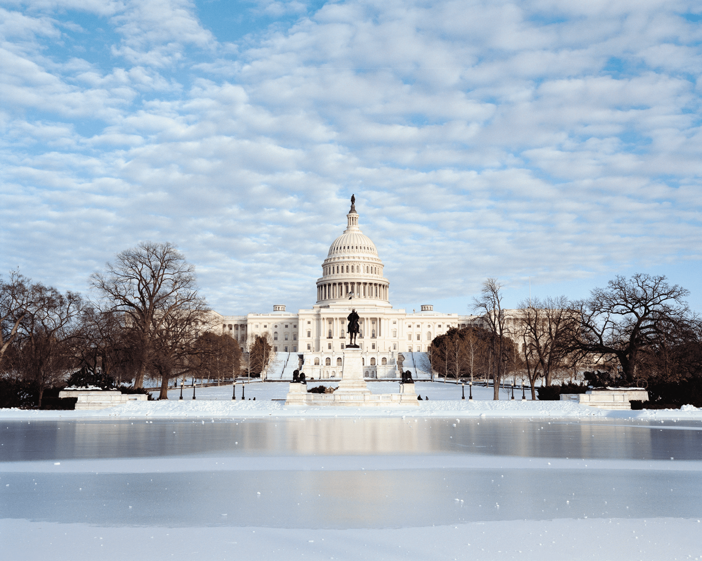 The United States Capitol Building is visible behind a frozen body of water and snow-covered ground with trees.